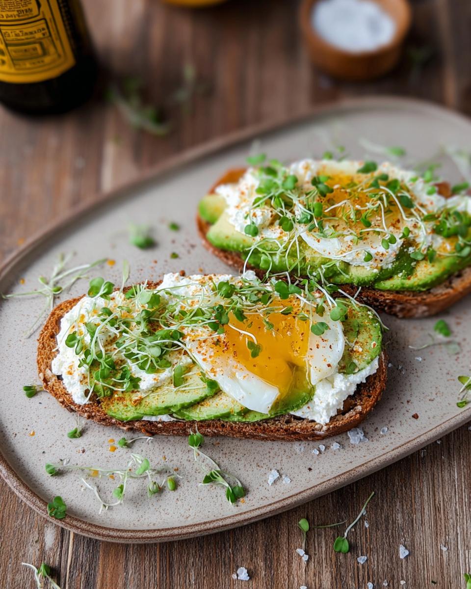 Two slices of toast topped with cottage cheese, avocado, a poached egg, and microgreens. High-Protein Breakfast Toast.