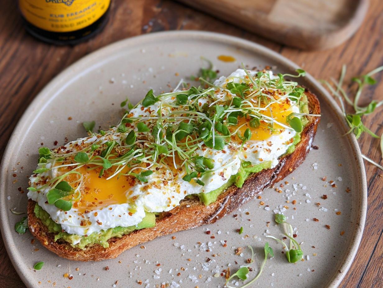 A delicious high-protein breakfast toast topped with mashed avocado, cottage cheese, a runny egg, and microgreens.