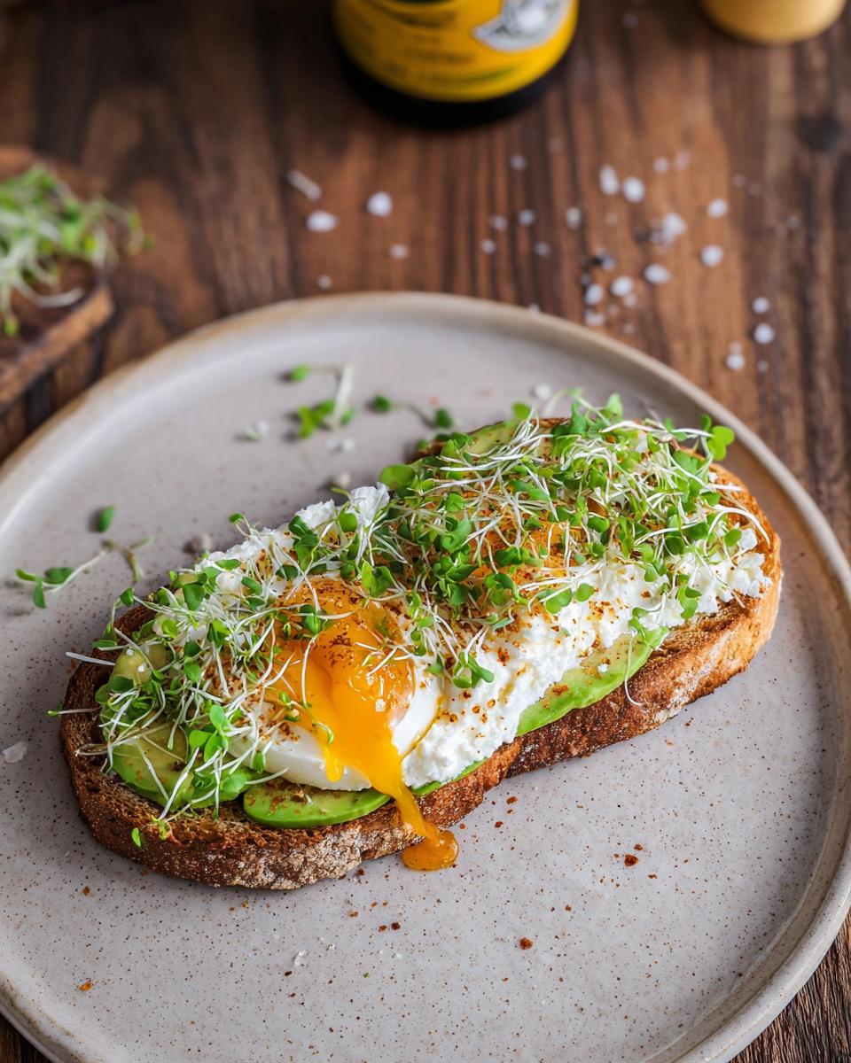 A high-protein breakfast toast topped with avocado, cottage cheese, a runny egg, and sprouts.