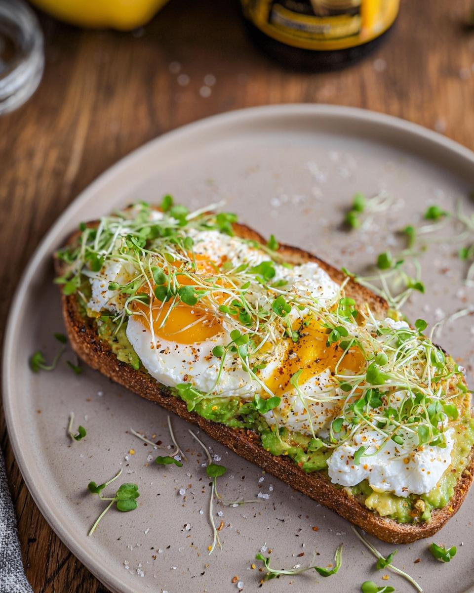A high-protein breakfast wrap topped with mashed avocado, poached eggs, and sprouts.