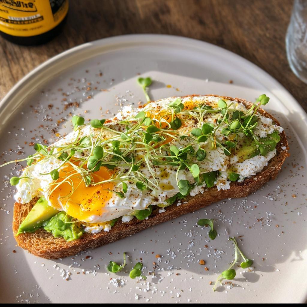 A delicious high-protein breakfast wrap with cottage cheese, avocado, and a fried egg, topped with microgreens.