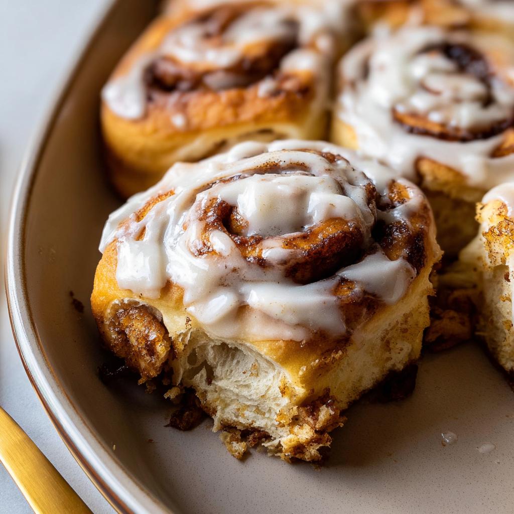 A close-up of a delicious high-protein cinnamon roll bread, swirled with cinnamon and topped with a creamy glaze.