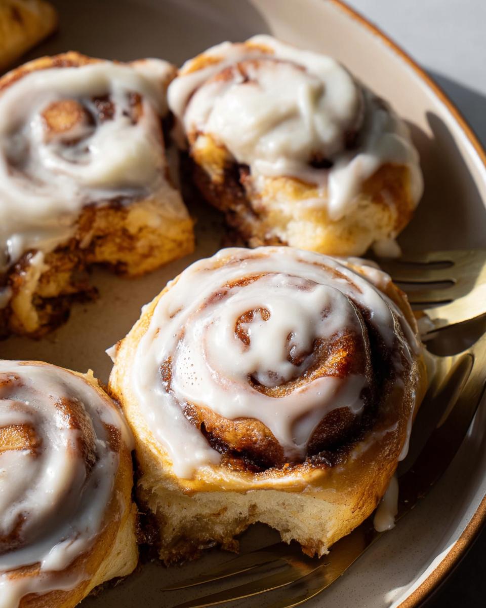 Close-up of fluffy High-Protein Cinnamon Roll Bread swirls topped with creamy icing, with a bite taken out.