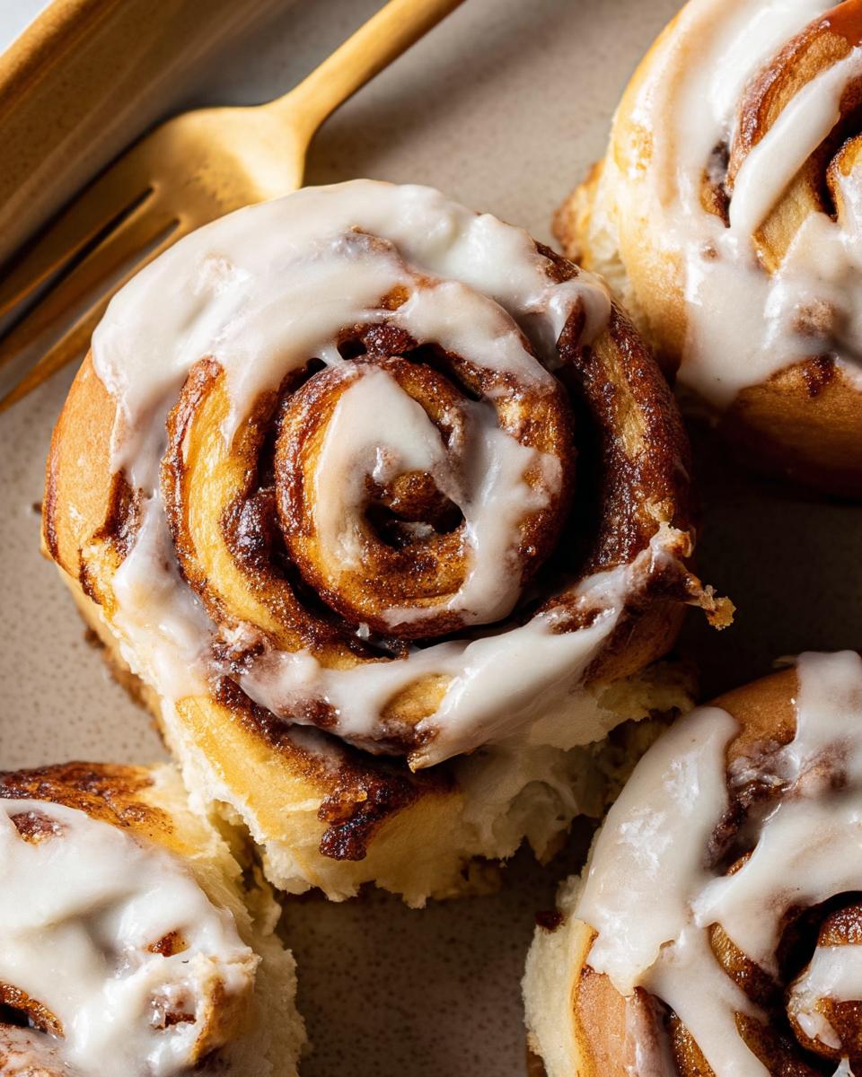 Close-up of delicious high-protein cinnamon roll bread, drizzled with white icing and a fork nearby.