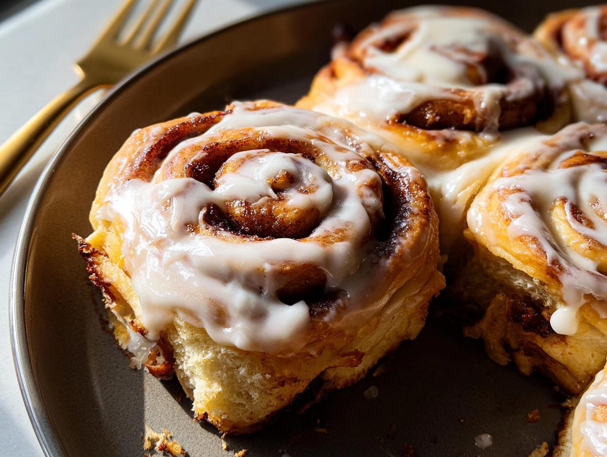 Close-up of fluffy high-protein cinnamon roll bread swirls topped with creamy icing.