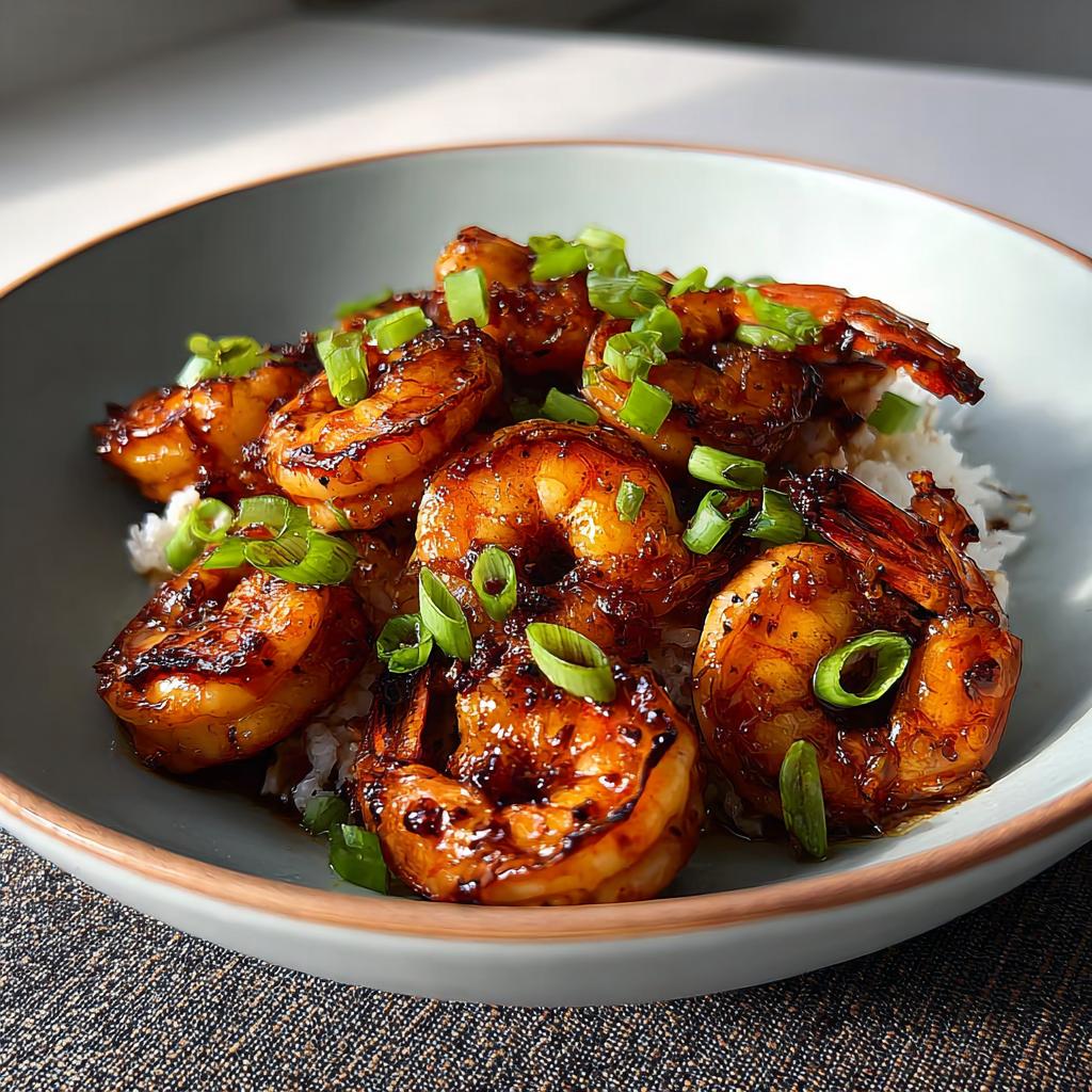 A close-up of glistening High-Protein Honey Garlic Shrimp served over white rice and garnished with chopped green onions.