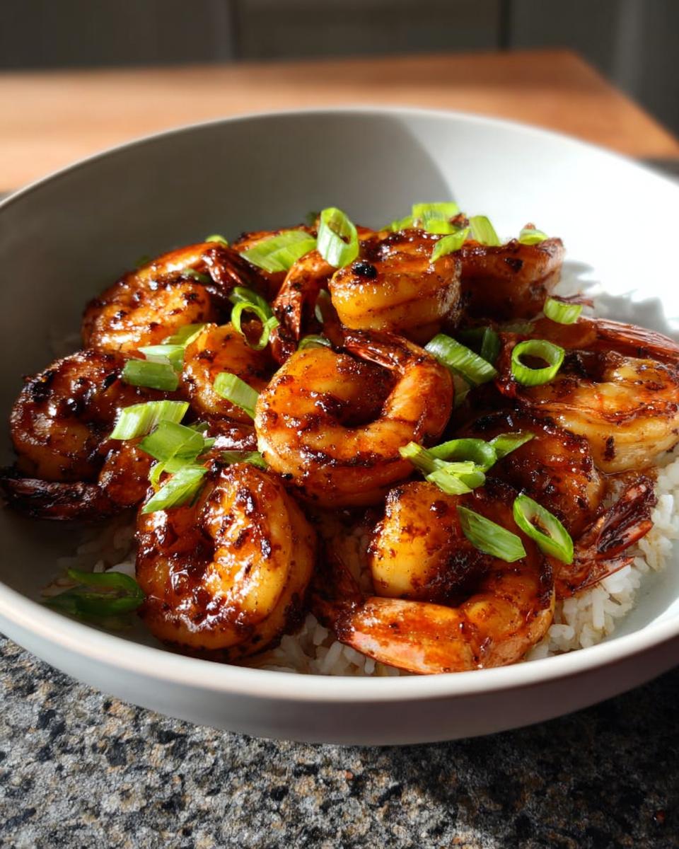 A bowl of fluffy white rice topped with glistening High-Protein Honey Garlic Shrimp and chopped green onions.