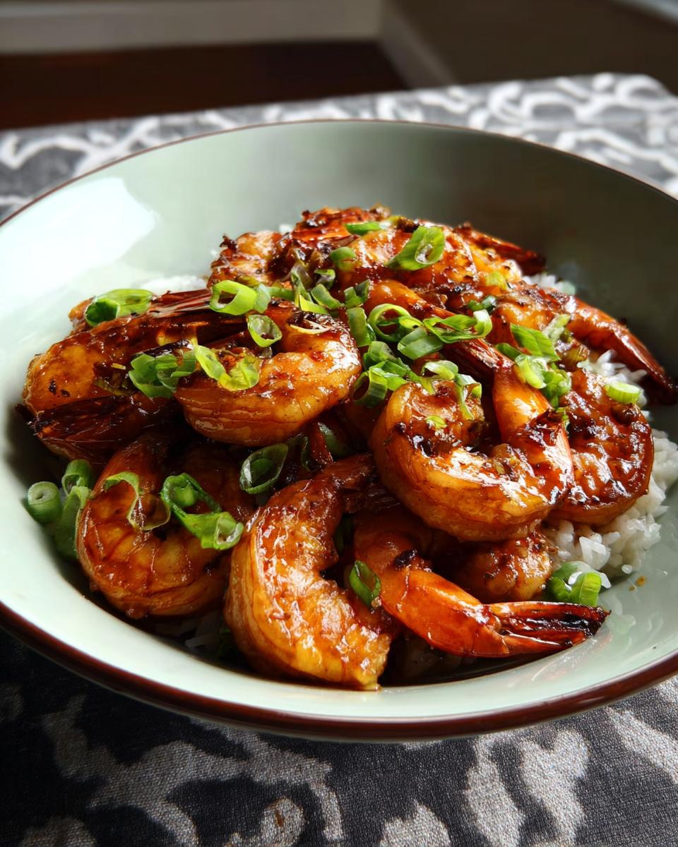 A bowl of fluffy white rice topped with glistening High-Protein Honey Garlic Shrimp and chopped green onions.