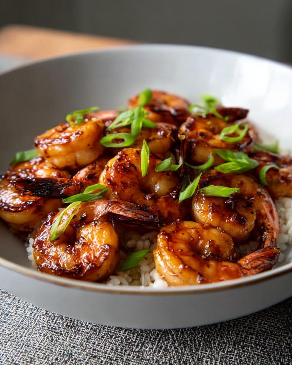 A bowl of fluffy white rice topped with glistening High-Protein Honey Garlic Shrimp and chopped green onions.