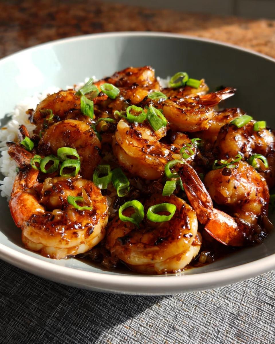 A bowl of fluffy white rice topped with glistening High-Protein Honey Garlic Shrimp and garnished with chopped green onions.