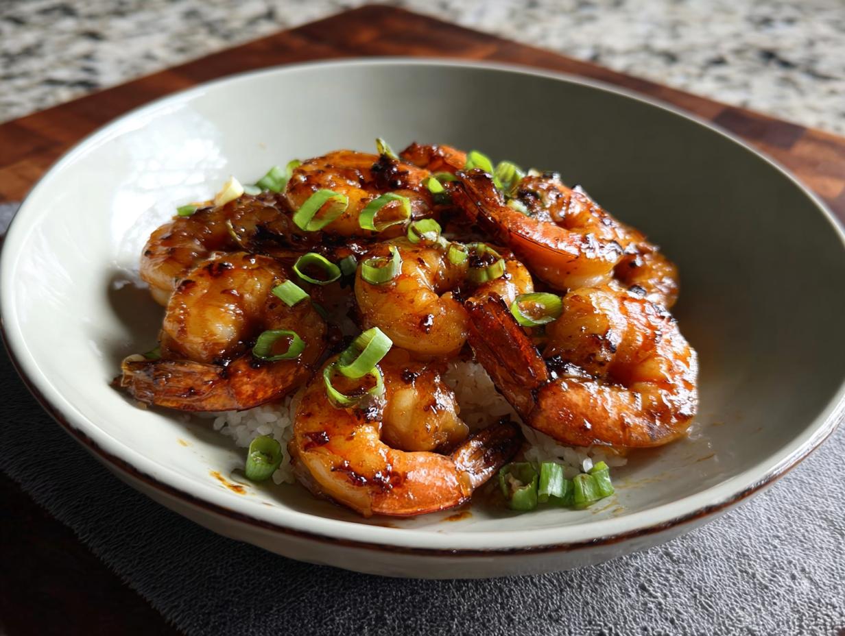 A bowl of white rice topped with glistening High-Protein Honey Garlic Shrimp and chopped green onions.
