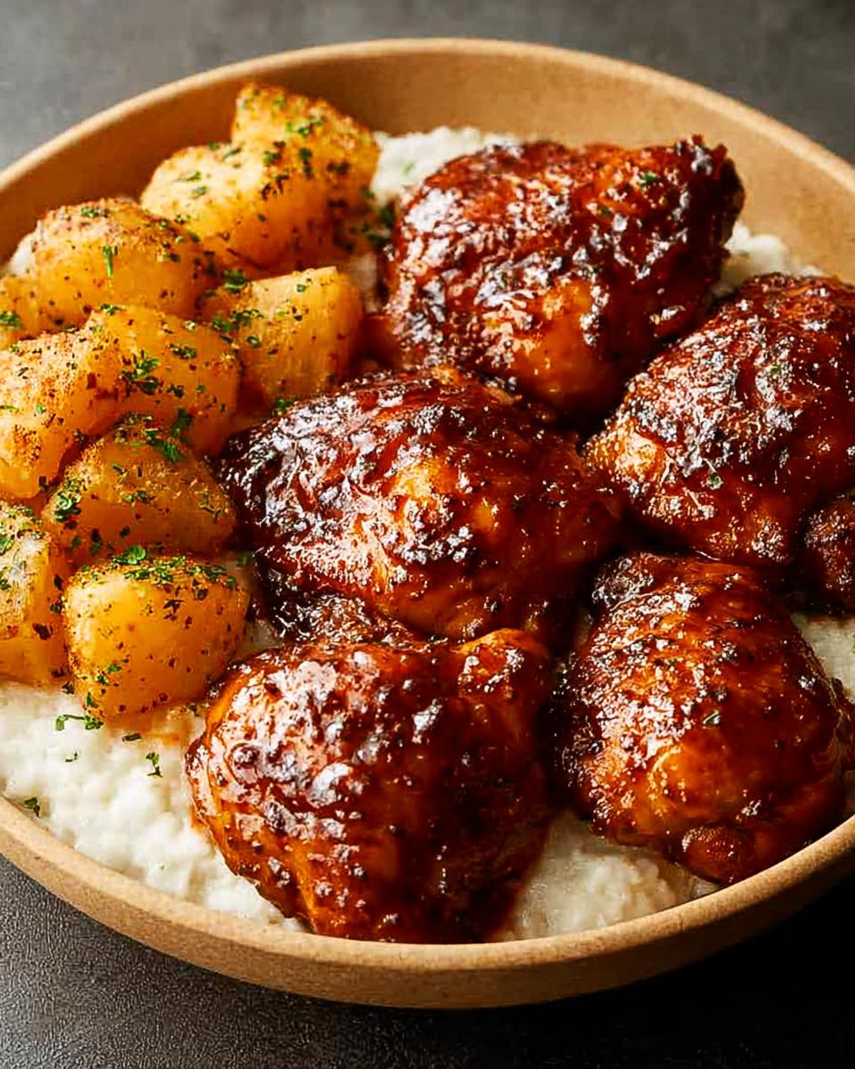 A bowl of Honey BBQ Chicken and Garlic Parmesan Potatoes, featuring glazed chicken thighs over mashed potatoes and seasoned potato wedges.