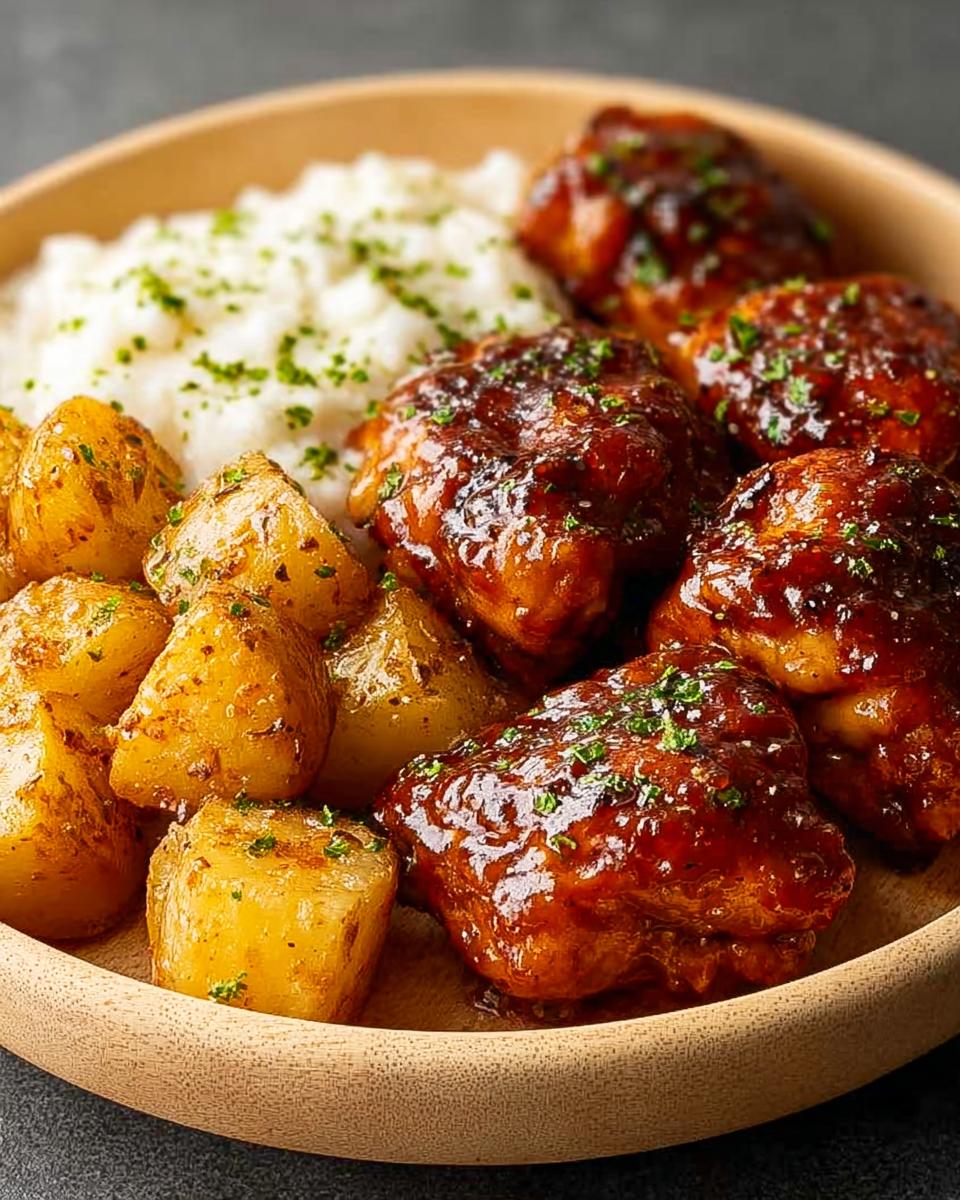 A close-up of Honey BBQ Chicken and Garlic Parmesan Potatoes served in a wooden bowl, garnished with parsley.