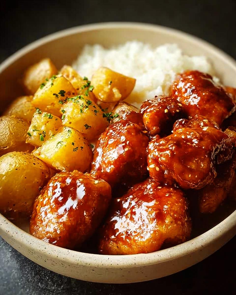 A bowl of Honey BBQ Chicken and Garlic Parmesan Potatoes served with white rice.