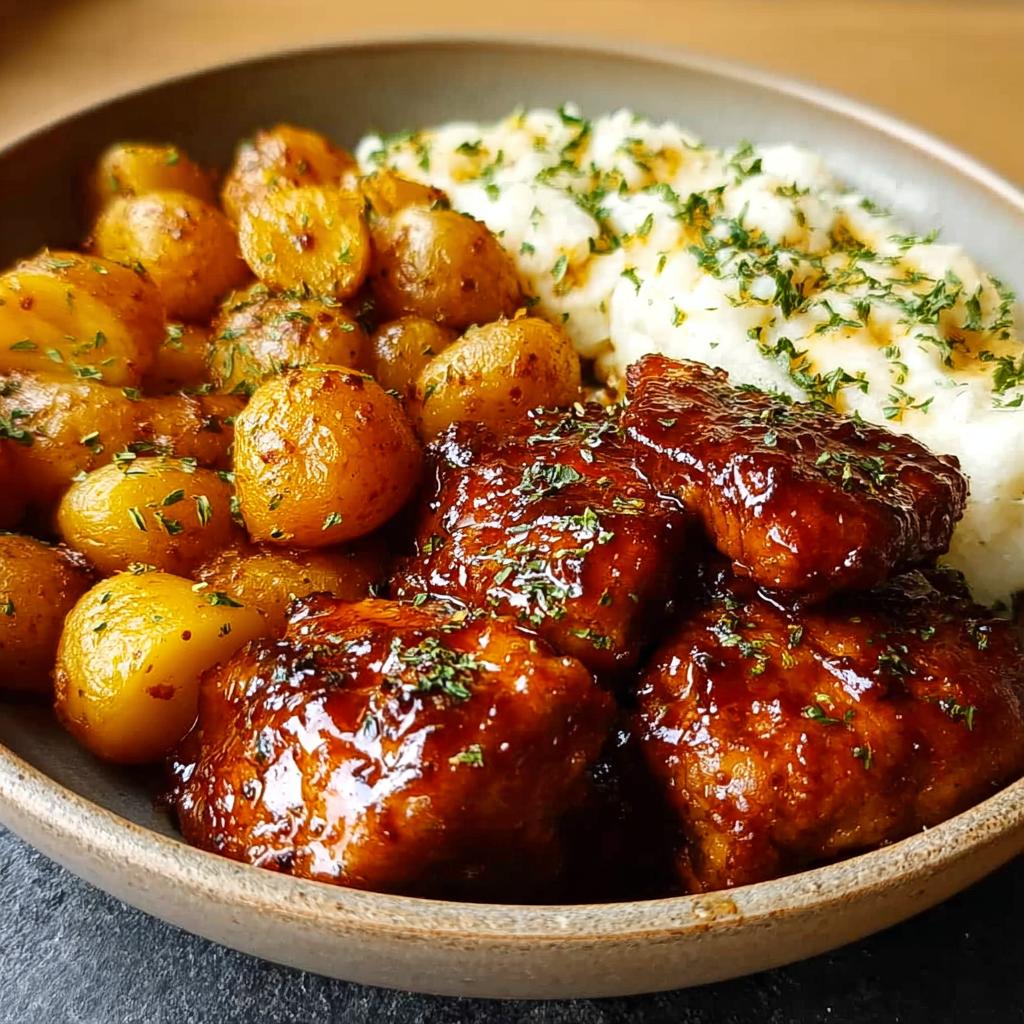 A bowl of Honey BBQ Chicken and Garlic Parmesan Potatoes, garnished with fresh herbs.