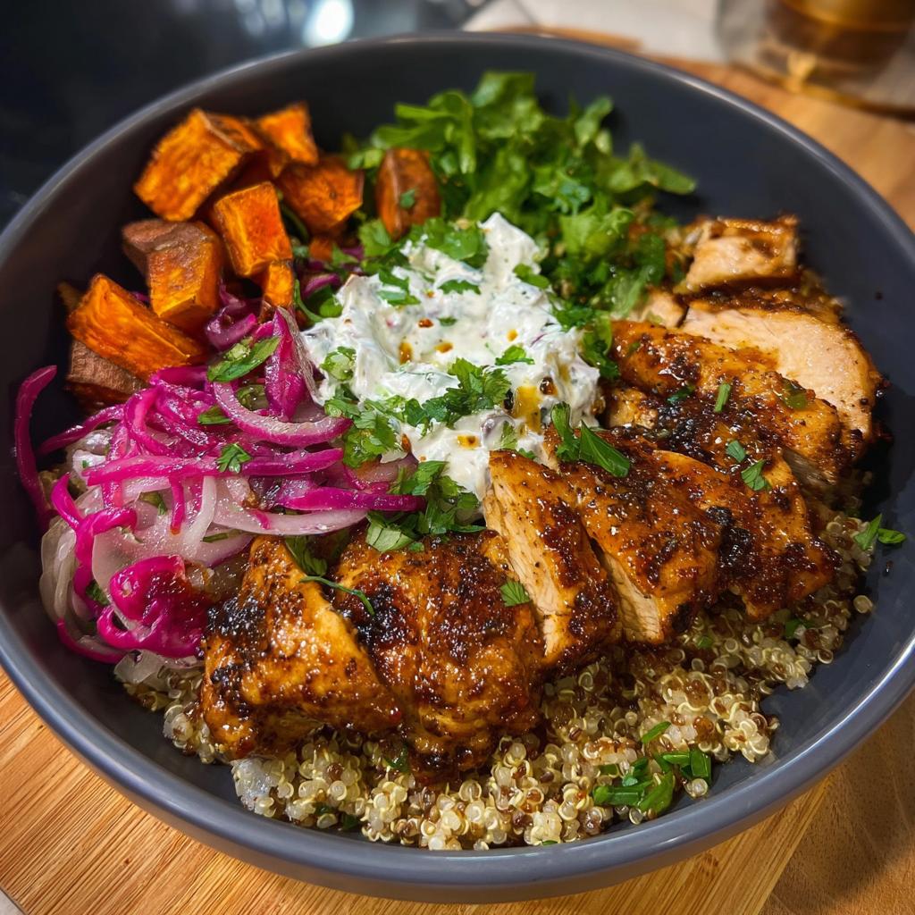 A vibrant Hot Honey Chicken Bowl Recipe with quinoa, roasted sweet potatoes, pickled onions, and creamy yogurt sauce.