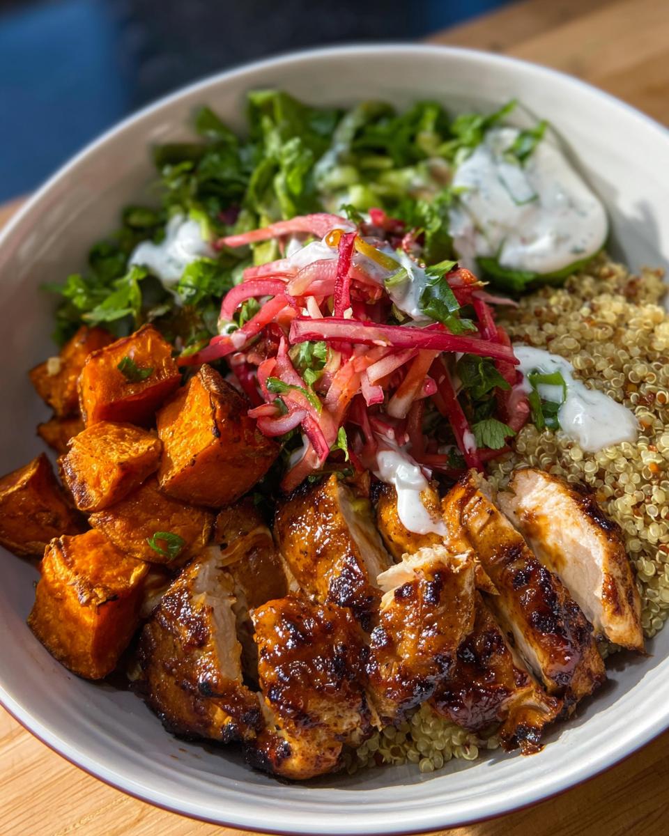 A delicious Hot Honey Chicken Bowl featuring sliced chicken, roasted sweet potatoes, quinoa, and fresh greens with a creamy dressing.