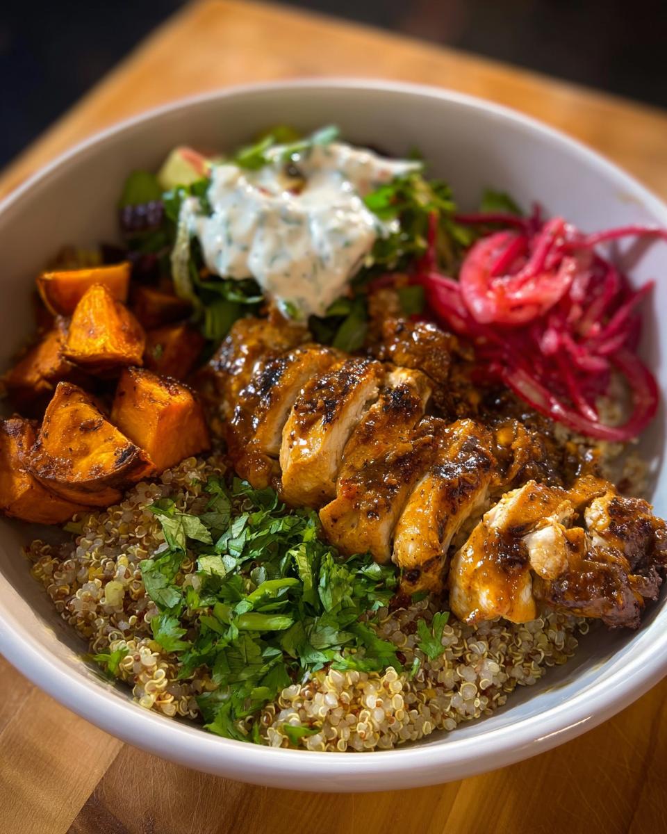 A vibrant Hot Honey Chicken Bowl featuring sliced chicken, quinoa, roasted sweet potatoes, pickled red onions, and a fresh salad with dressing.