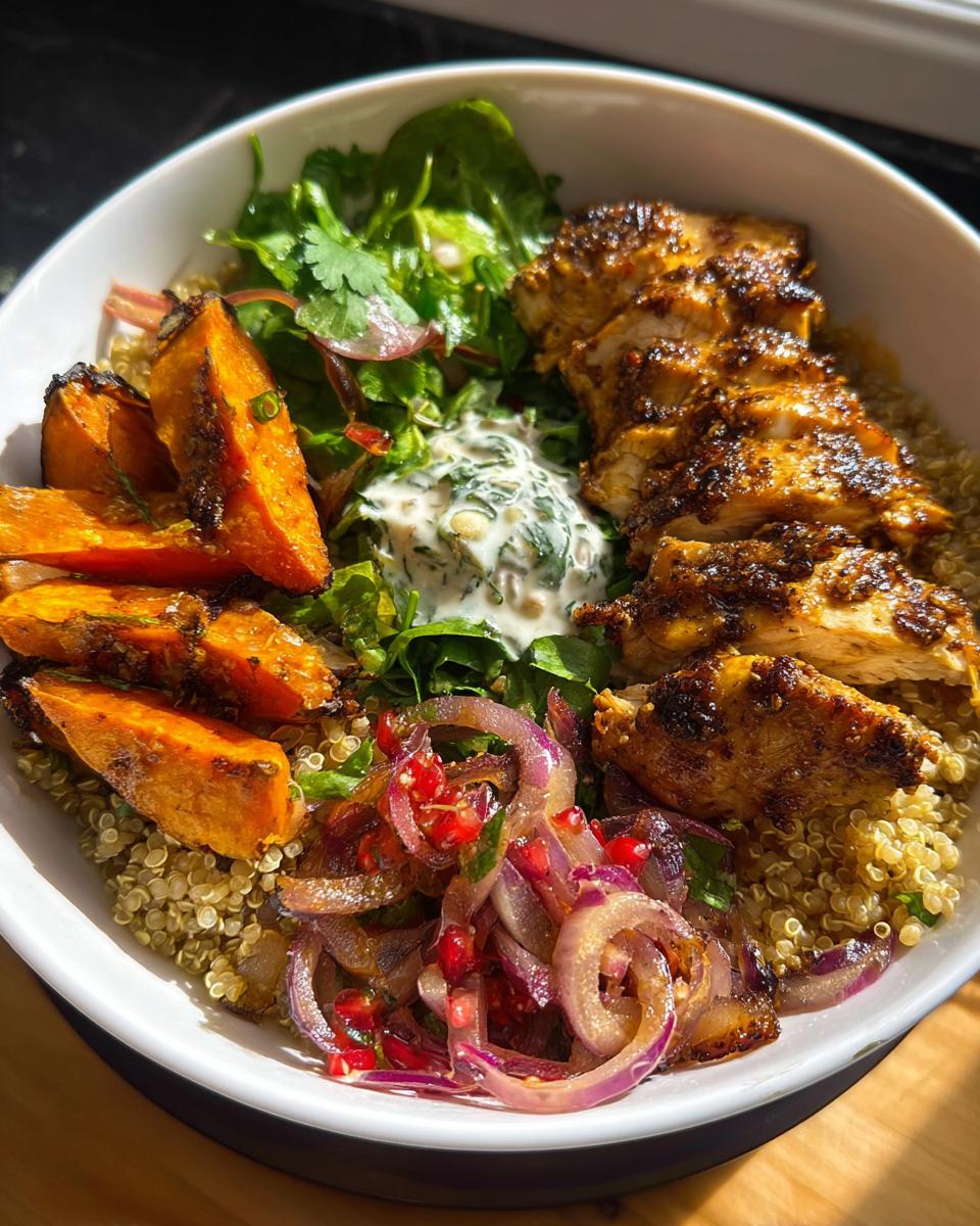A vibrant Hot Honey Chicken Bowl featuring sliced spiced chicken, roasted sweet potatoes, quinoa, and pickled red onions with pomegranate seeds.