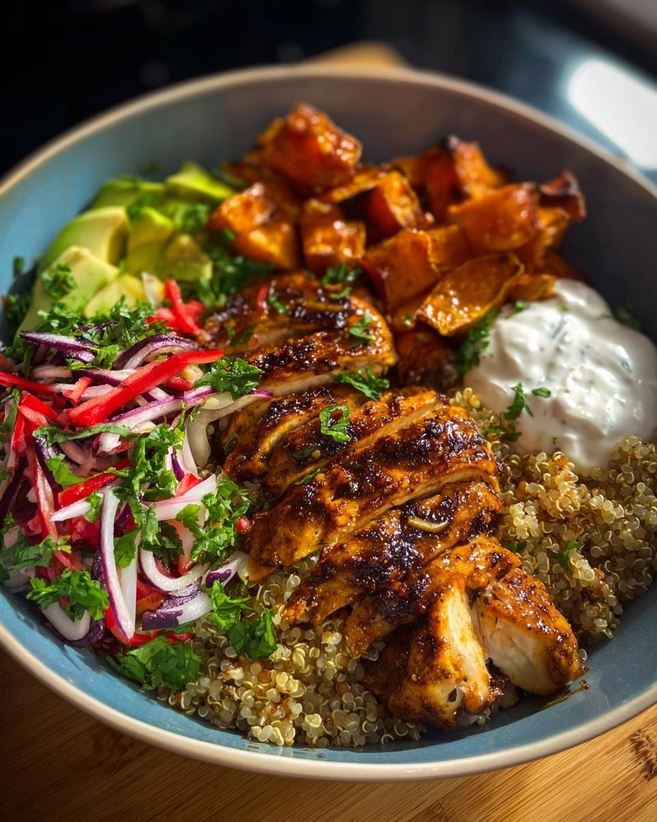 A vibrant Hot Honey Chicken Bowl Recipe featuring sliced chicken, quinoa, roasted sweet potatoes, avocado, and a fresh slaw.