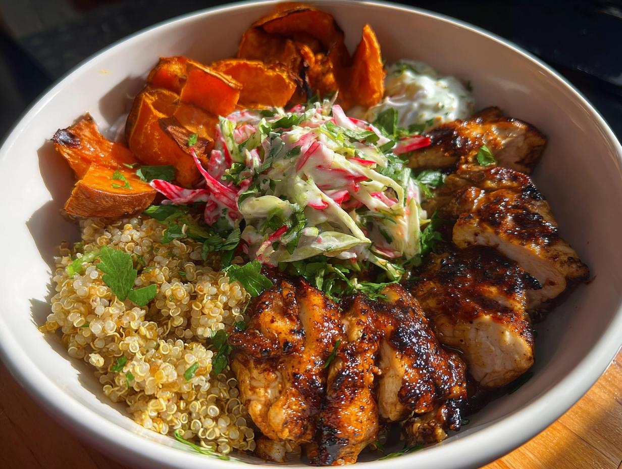 A vibrant Hot Honey Chicken Bowl featuring glazed chicken, quinoa, roasted sweet potatoes, and a fresh slaw.