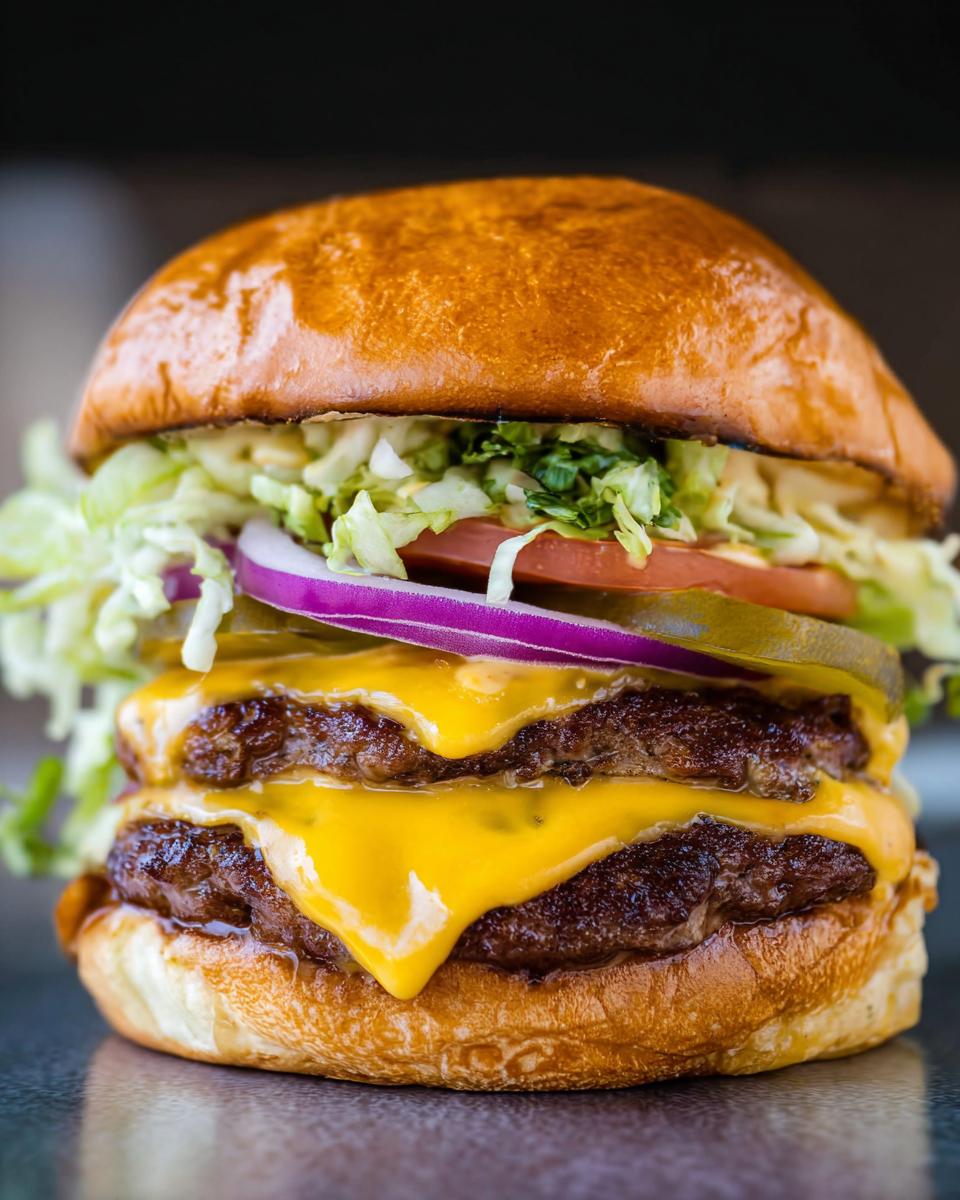 A juicy double patty smash burger with melted cheese, lettuce, tomato, onion, and pickles.