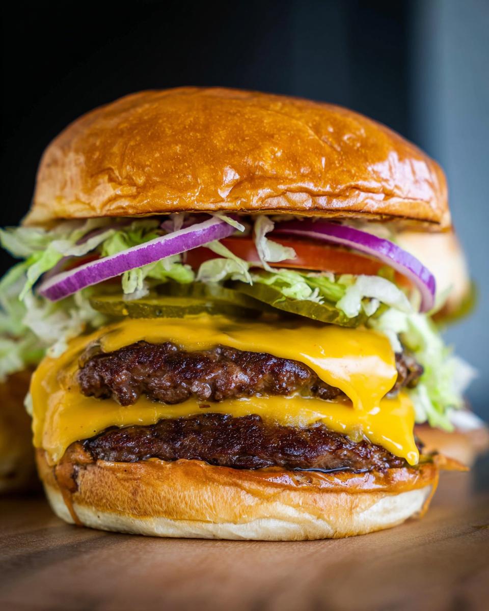 A juicy double patty smash burger with melted cheese, lettuce, tomato, onion, and pickles.