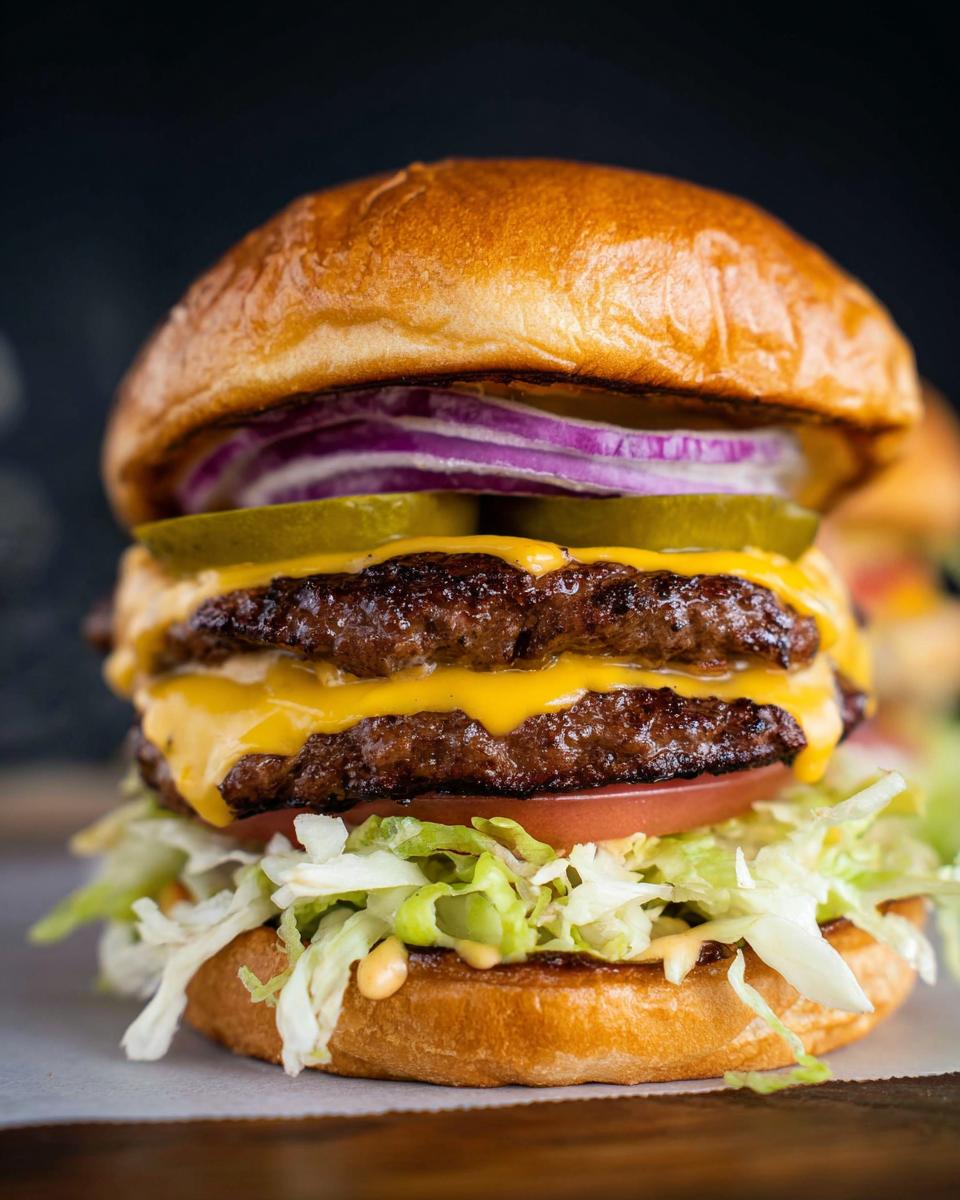 A juicy double patty smash burger with melted cheese, pickles, red onion, tomato, and lettuce.