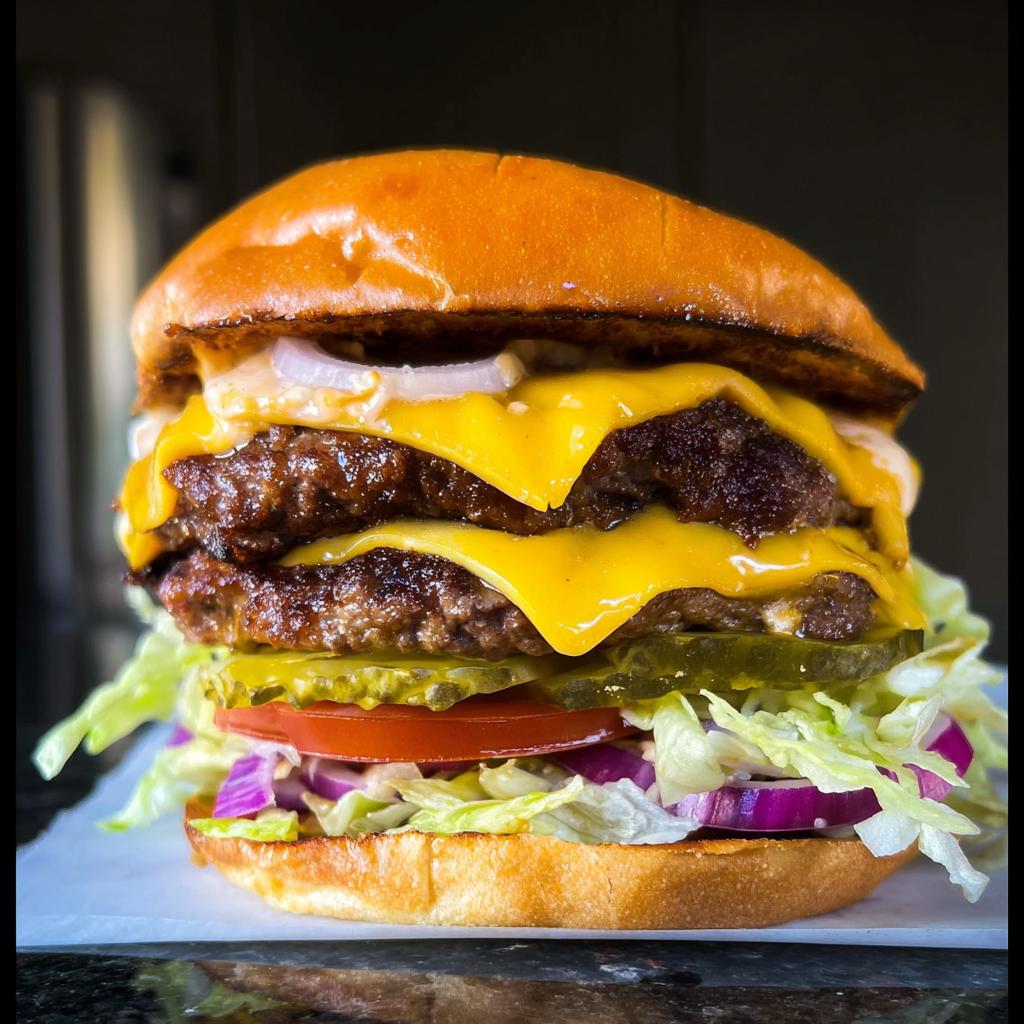 A juicy double smash burger with melted cheese, pickles, tomato, onion, and lettuce on a toasted bun.