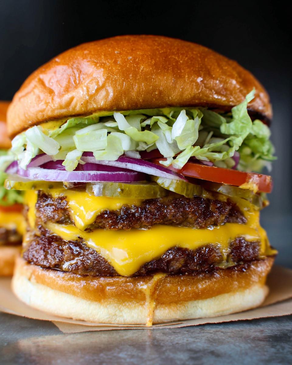 A juicy double patty smash burger with melted cheddar cheese, lettuce, tomato, onion, and pickles.