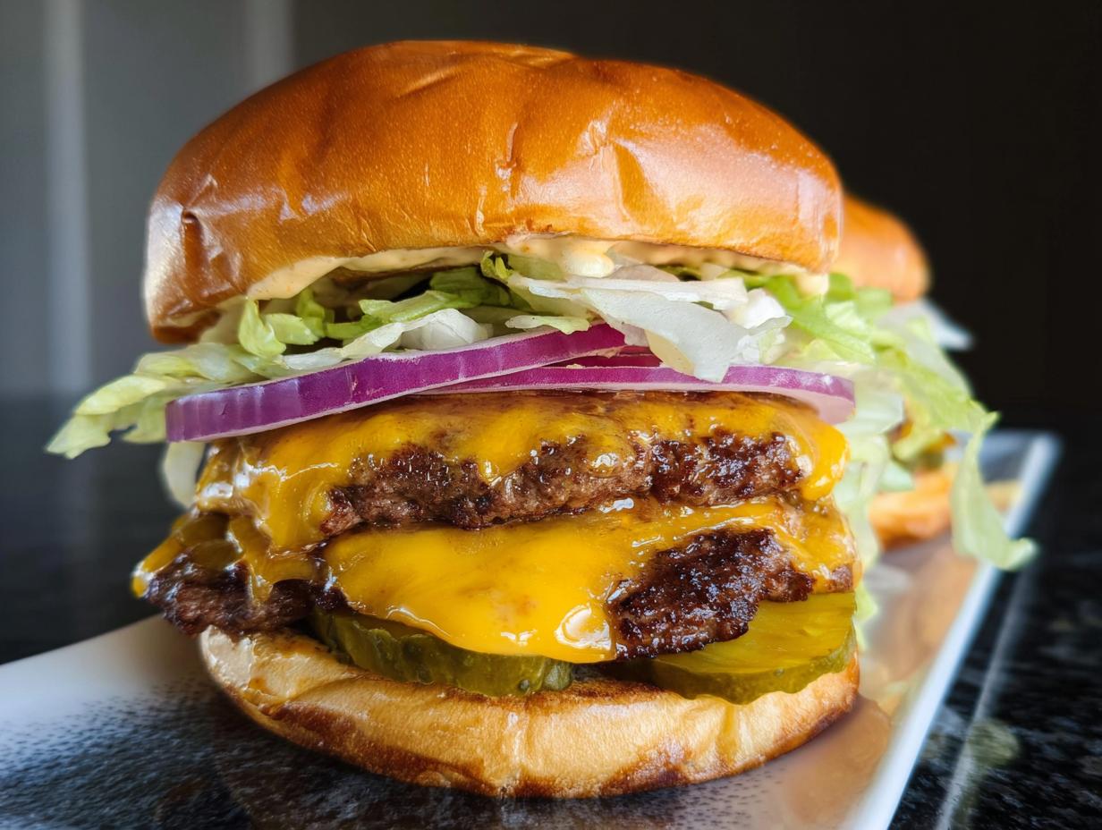 Close-up of a double patty smash burger with melted cheese, pickles, red onion, lettuce, and secret sauce.