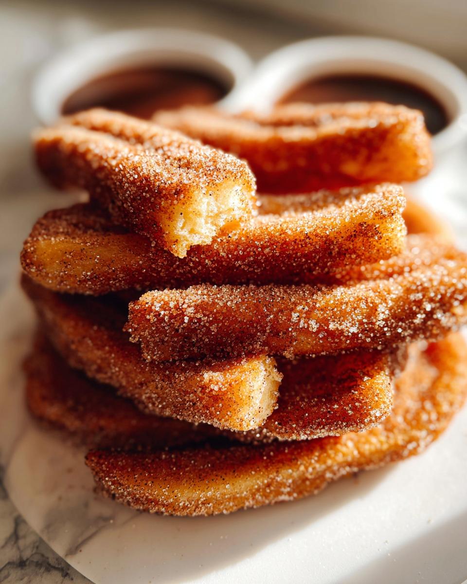 A close-up stack of Irresistible Spanish Churro Pancakes, coated in cinnamon sugar, with a hint of chocolate sauce in the background.