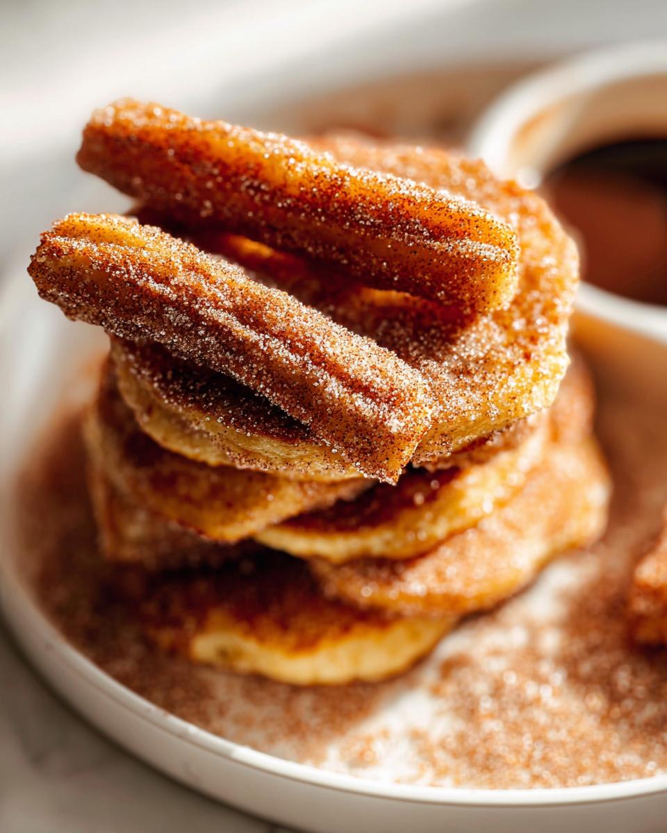 A close-up of a stack of Irresistible Spanish Churro Pancakes, dusted with cinnamon sugar.