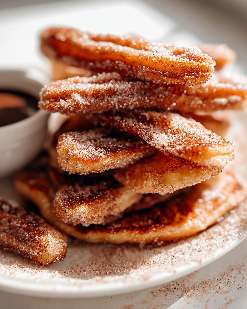 A close-up stack of Irresistible Spanish Churro Pancakes, coated in cinnamon sugar, with a side of chocolate sauce.
