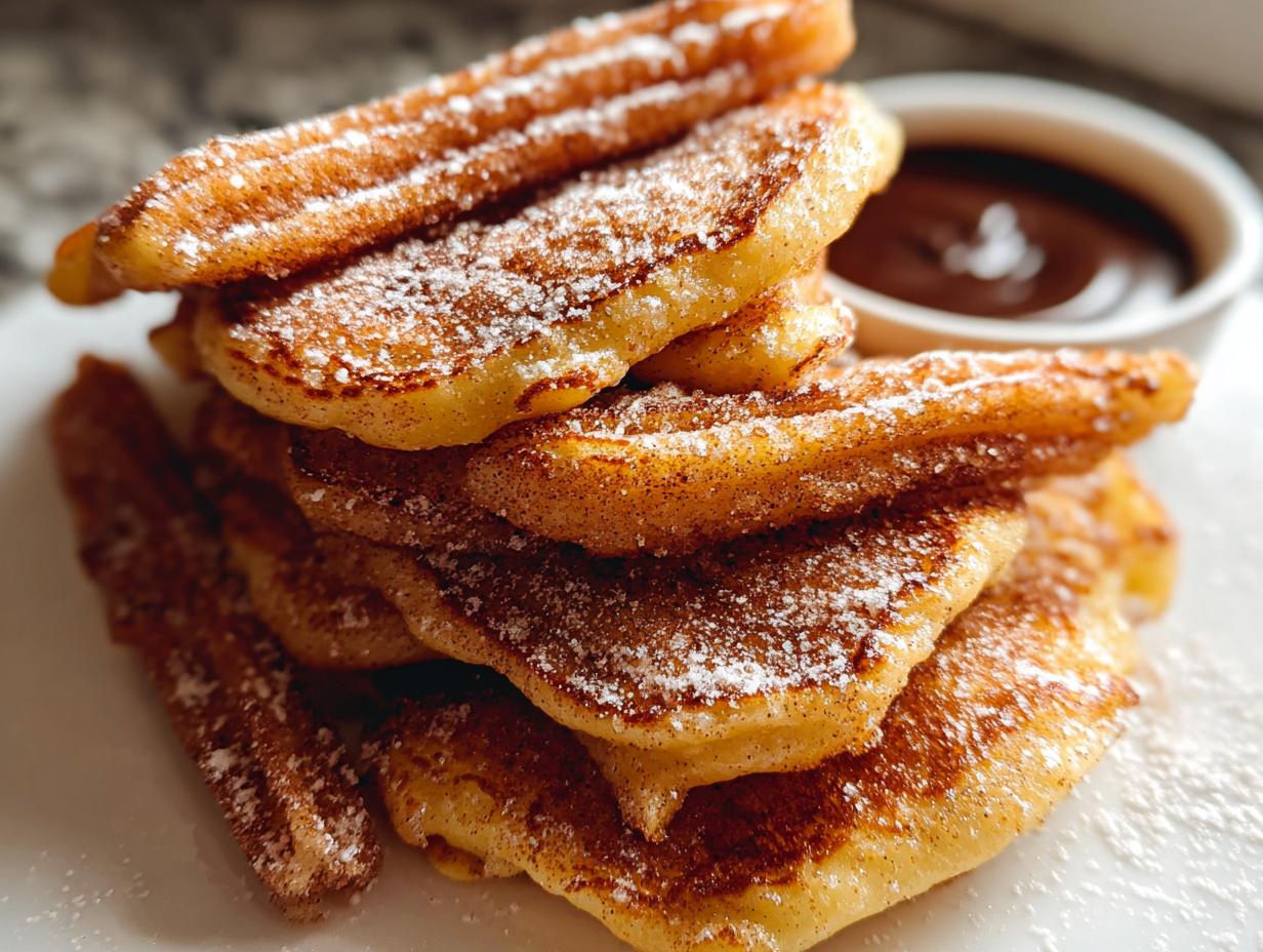 A stack of Irresistible Spanish Churro Pancakes dusted with powdered sugar and cinnamon, served with chocolate dipping sauce.
