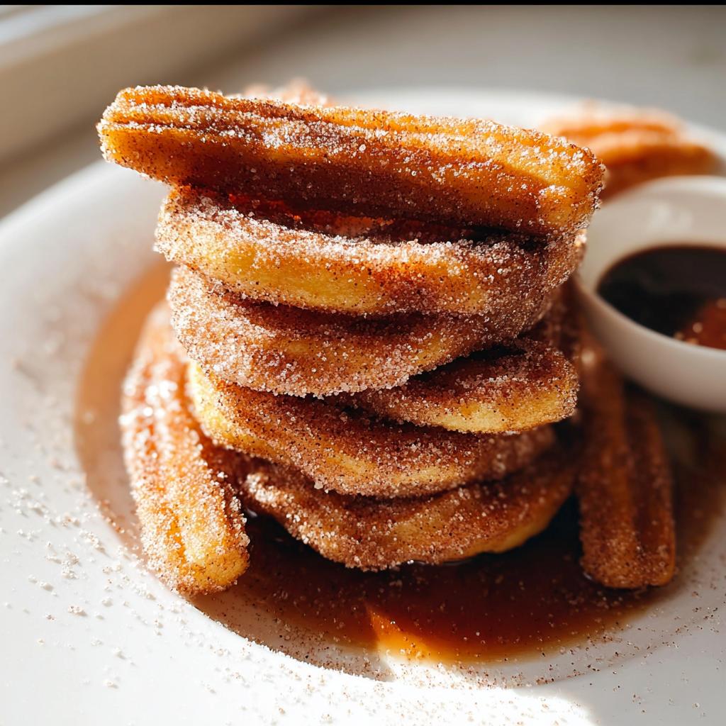 A tall stack of Irresistible Spanish Churro Pancakes, coated in cinnamon sugar, served with a side of dipping sauce.