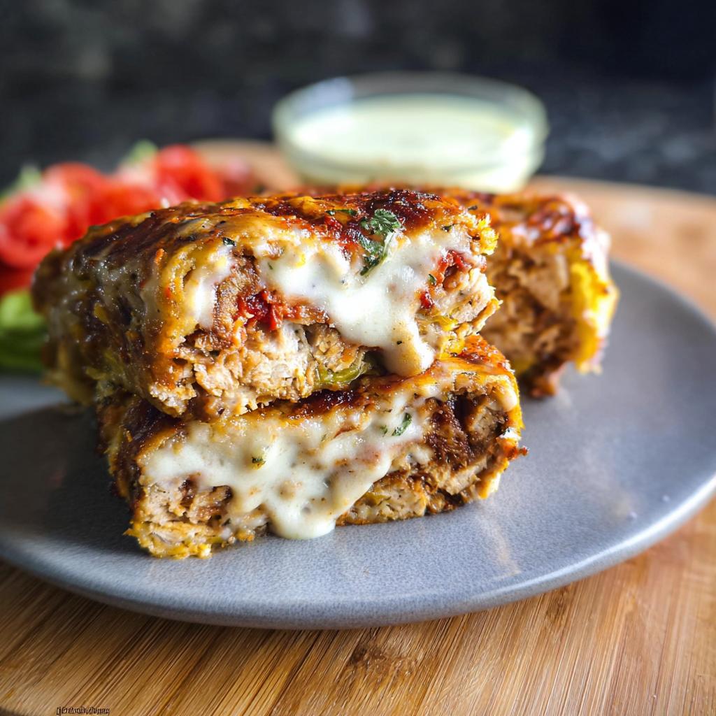 A close-up of two slices of Juicy Garlic Parmesan Chicken Meatloaf, revealing a gooey, melted cheese center.