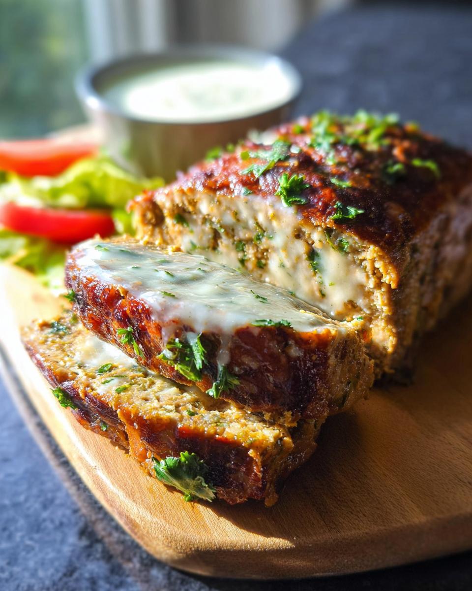 A slice of Juicy Garlic Parmesan Chicken Meatloaf topped with creamy sauce and parsley, served with salad.