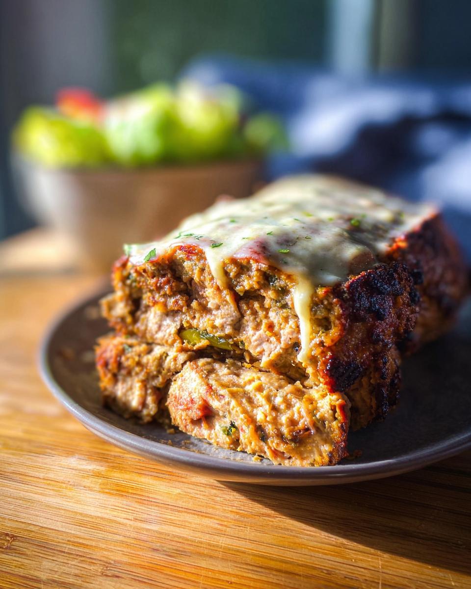A close-up of a slice of juicy garlic parmesan chicken meatloaf, topped with melted cheese and herbs.