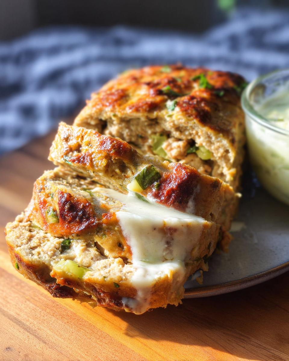 A slice of Juicy Garlic Parmesan Chicken Meatloaf with a creamy sauce drizzled over it.