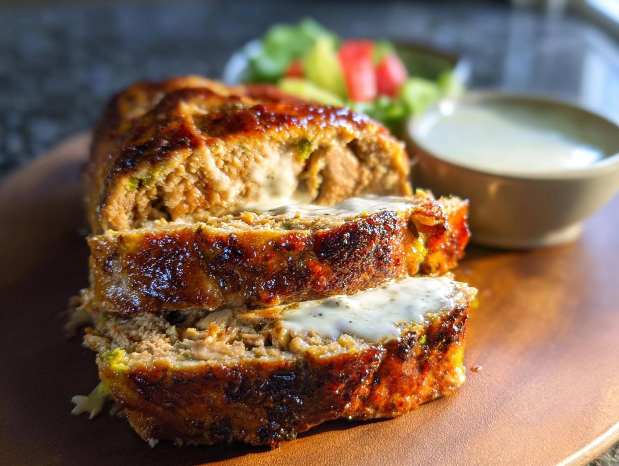 Close-up of sliced Juicy Garlic Parmesan Chicken Meatloaf, drizzled with sauce, with a side of salad.