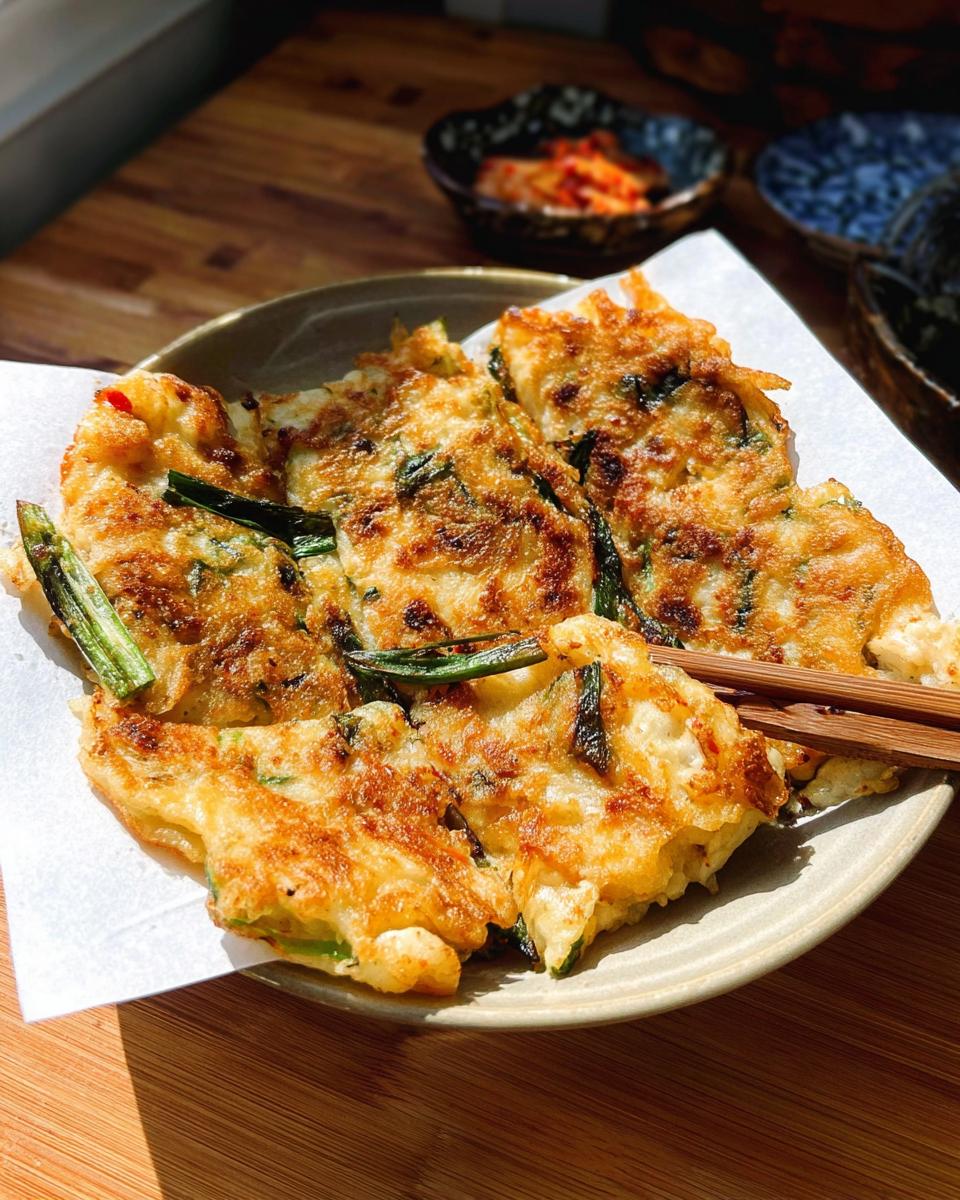 A plate of freshly cooked Korean Pancakes (Pajeon) with visible scallions and a golden-brown crispy exterior.