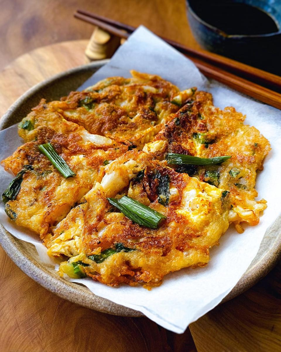 Close-up of golden-brown Korean Pancakes (Pajeon) garnished with fresh green scallions on a plate.