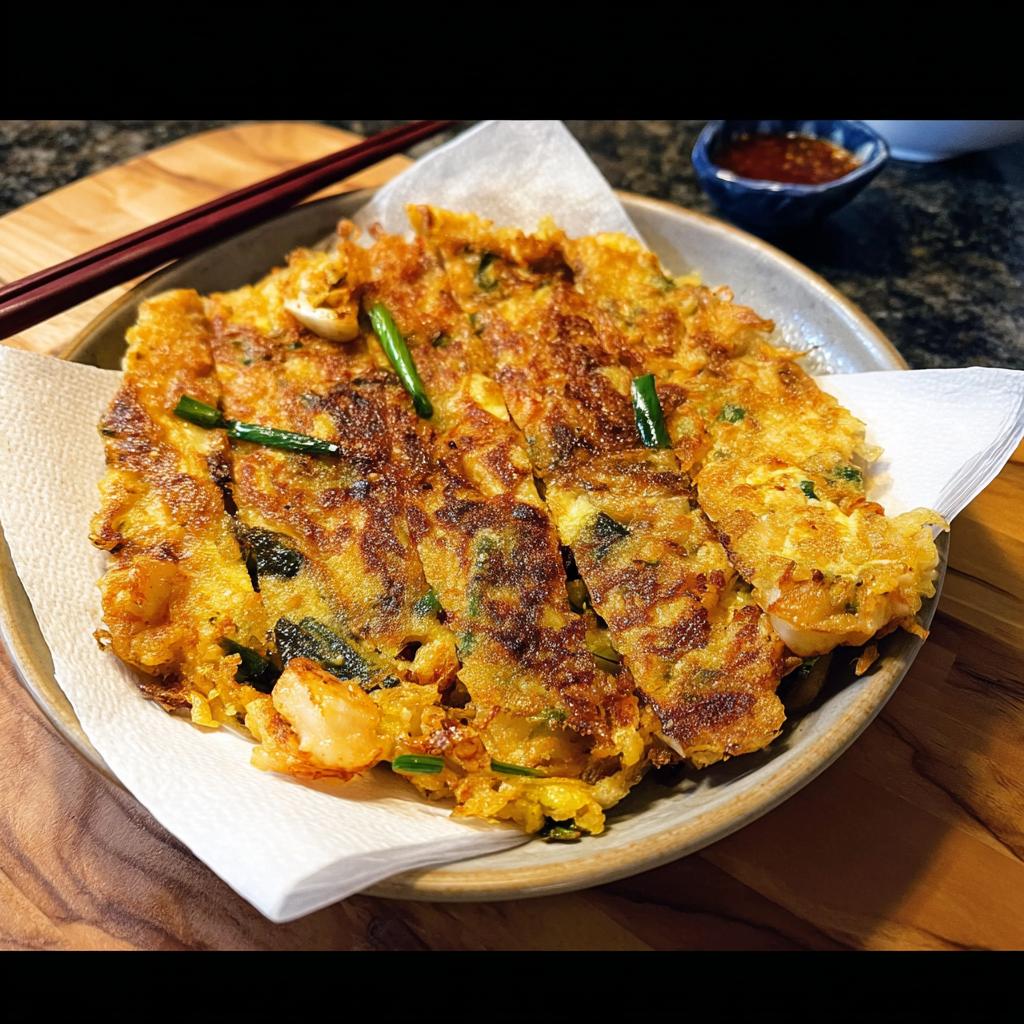 A close-up of golden-brown Korean Pancakes (Pajeon) filled with shrimp and green onions, sliced and served on a plate.