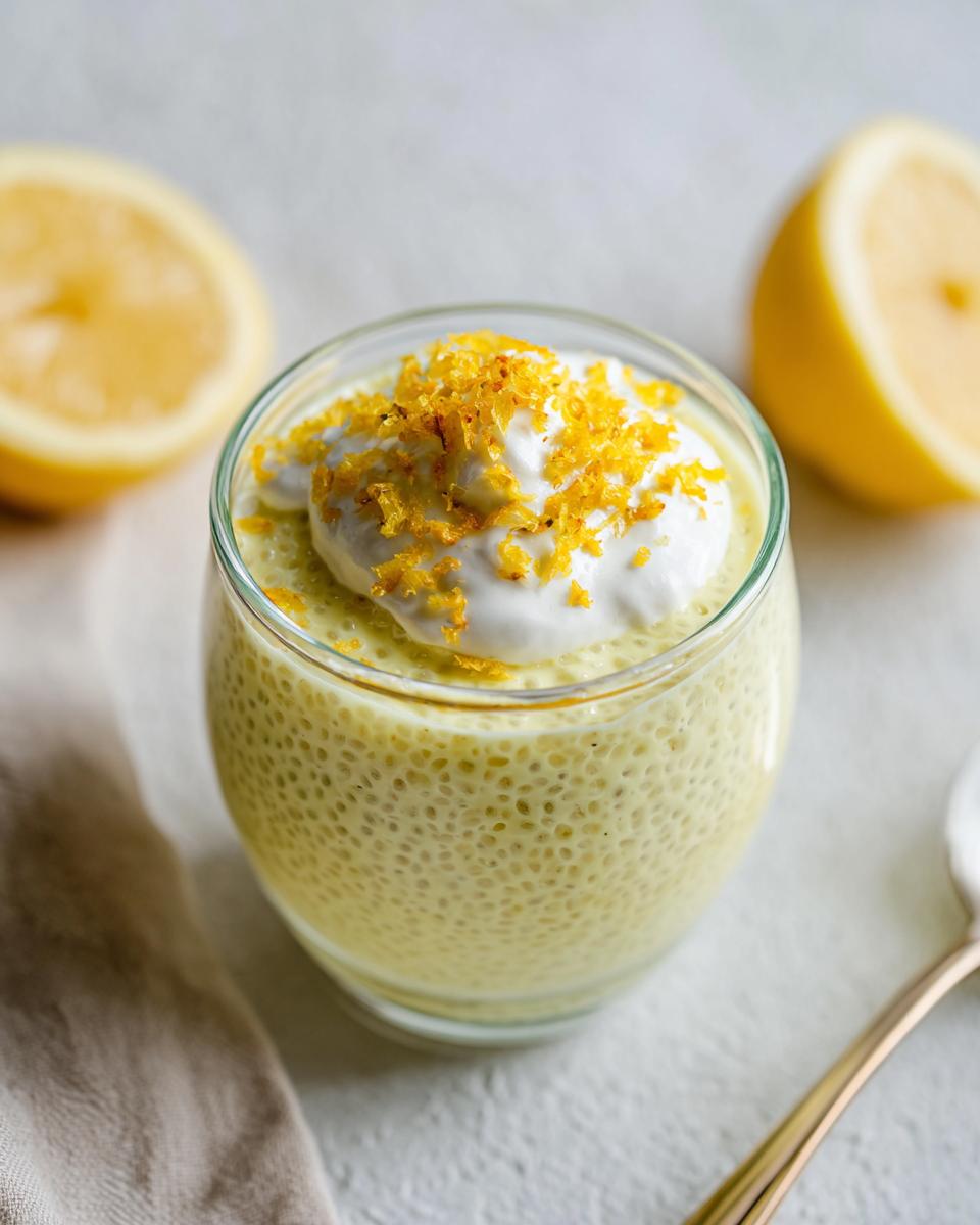 A glass of creamy Lemon Cream Chia Pudding topped with whipped cream and lemon zest, with lemon halves in the background.