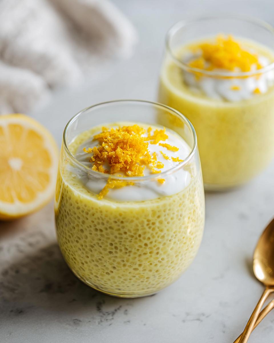 Two glasses of vibrant yellow Lemon Cream Chia Pudding topped with creamy white yogurt and bright orange zest.