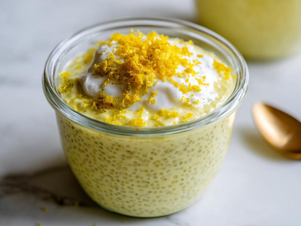 A close-up of a glass jar filled with creamy Lemon Cream Chia Pudding, topped with yogurt and lemon zest.