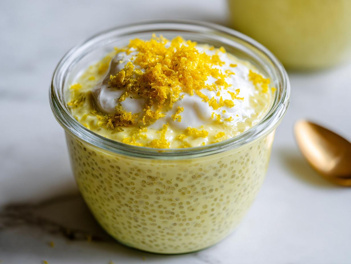 A close-up of a glass jar filled with creamy Lemon Cream Chia Pudding, topped with yogurt and lemon zest.