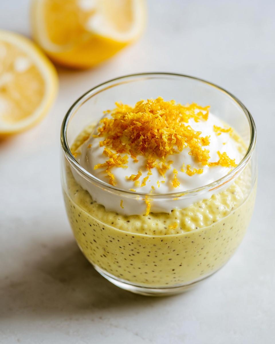 A glass of Lemon Cream Chia Pudding topped with whipped cream and fresh lemon zest.