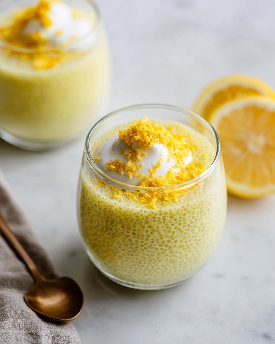 A close-up of a glass of Lemon Cream Chia Pudding topped with whipped cream and lemon zest.